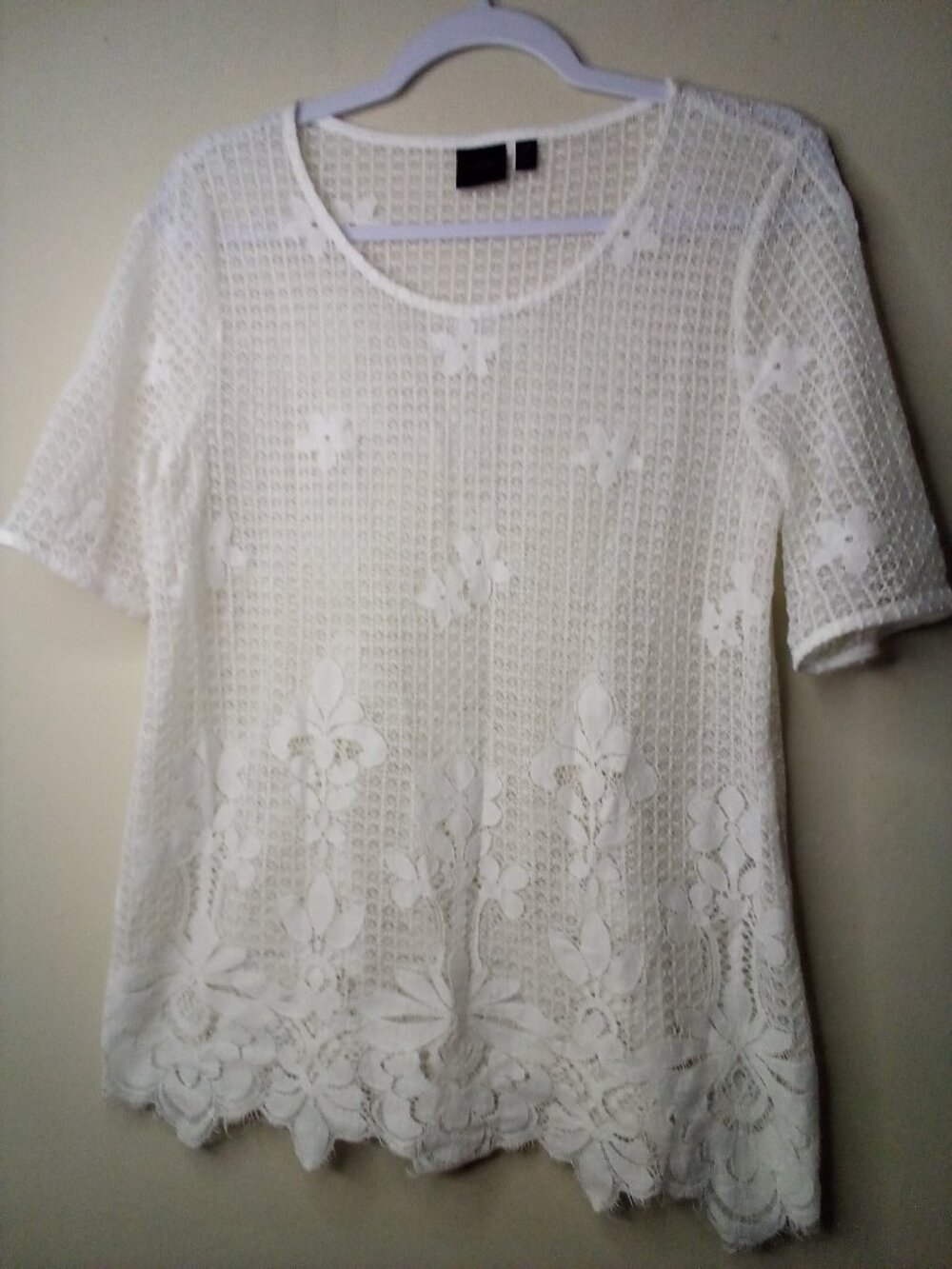Rafaella Lace Blouse Cover-Up Women L Short Sleeve Feminine Floral White